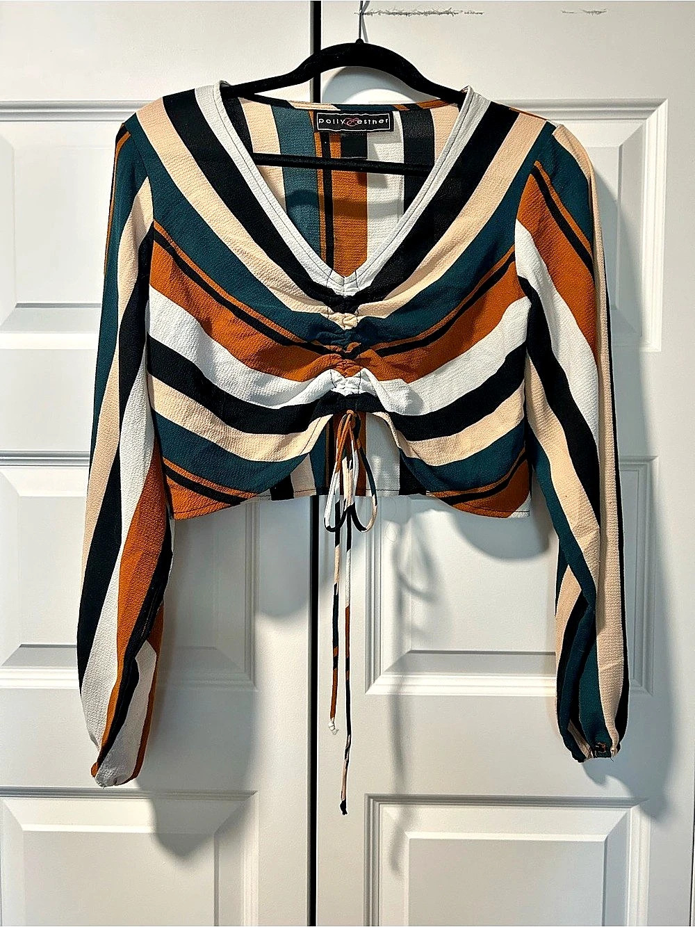 Polly Esther Striped Crop Blouse in Teal & Brown